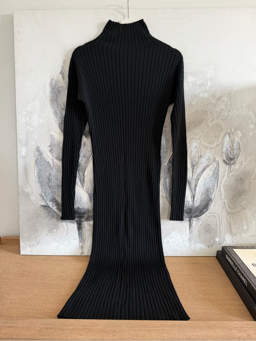 H&M Premium Merino Wool Black Ribbed Mock-Neck Long Sleeve Bodycon Dress